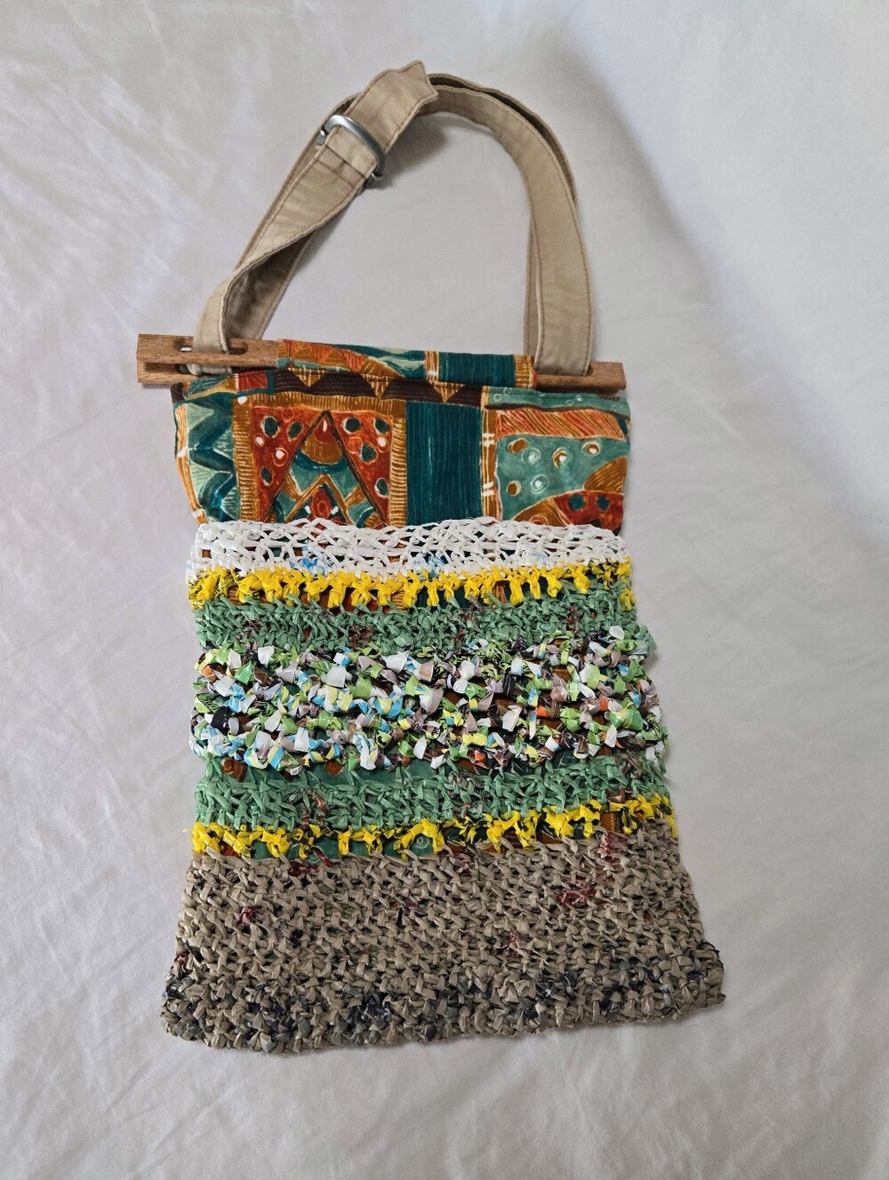 Handmade Boho Patchwork Purse Upcycled Woven Shoulder Bag Wooden Handle